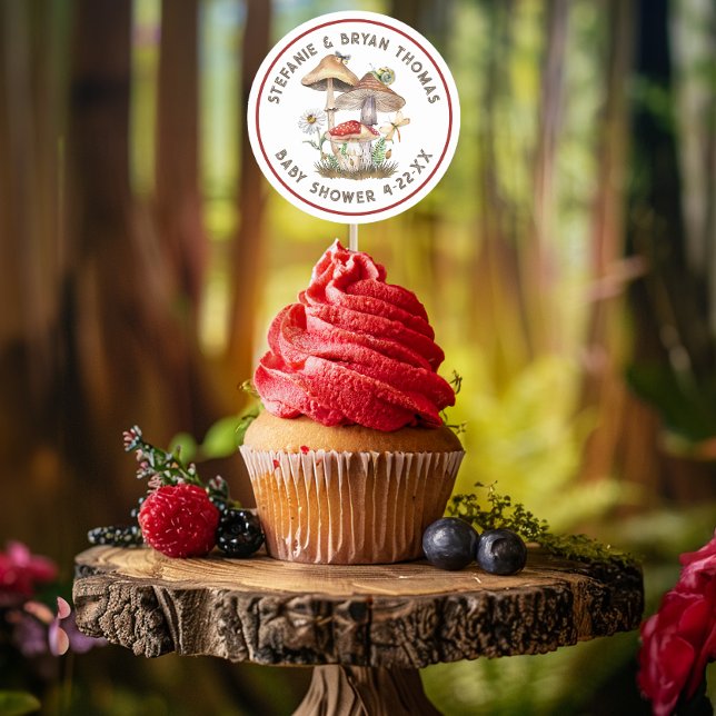 Adesivo Redondo Vinheta Chá de fraldas de Cogumelos Aquarela | Whi (Woodland Mushrooms Baby Shower Sticker Favor - many uses)