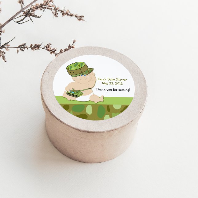 Adesivo Redondo Vinheta-Chá de fraldas-Favor do Camoflauso Militar (Army Baby Shower Favor Sticker)
