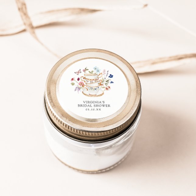 Adesivo Redondo Vinheta Chá de panela do Tea Party (Floral Tea Party Bridal Shower Sticker by Painted Paperie
)