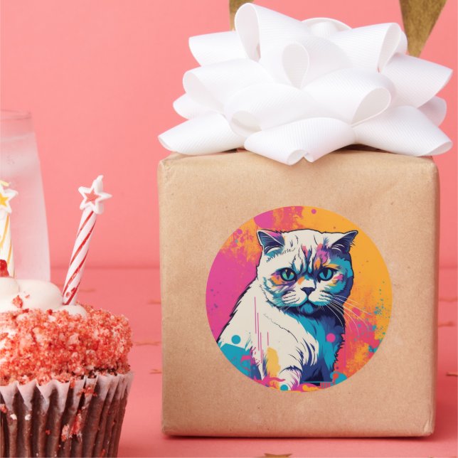 Adesivo Redondo Vinheta Colorida de Círculo de Gato Branco (Festa)