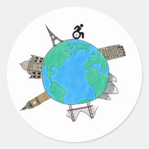 Adesivo Redondo Vinheta colorido "Cadeiras de rodas vão aos locais