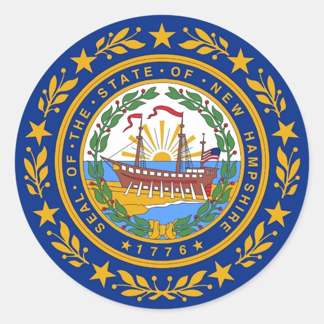 Adesivo Redondo Vinheta com bandeira de New Hampshire (Frente)