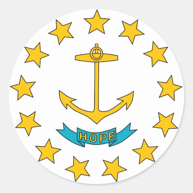 Adesivo Redondo Vinheta com bandeira de Rhode Island (Frente)