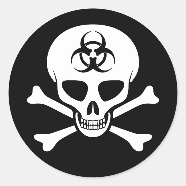 Adesivo Redondo Vinheta Crânio e Crossbones de Risco Biológico (Frente)