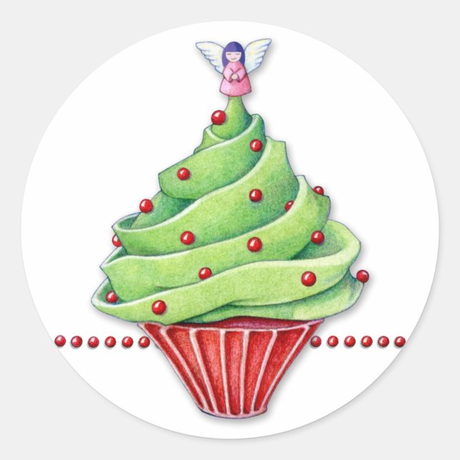 Adesivo Redondo Vinheta Cupcake de Árvore Natal (Frente)