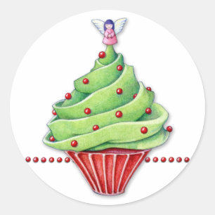 Adesivo Redondo Vinheta Cupcake de Árvore Natal