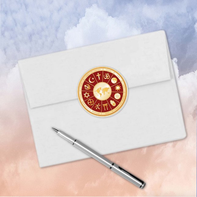 Adesivo Redondo Vinheta da Ronda de Fé (World of Faith Round Sticker. Gold symbols of international religions surround a world map. )