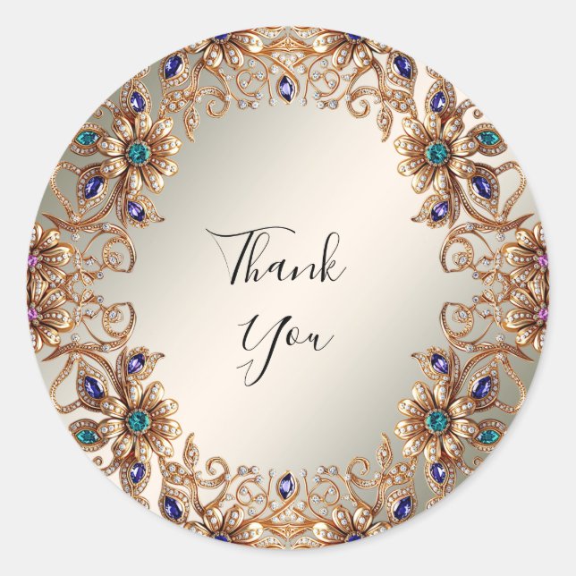 Adesivo Redondo Vinheta das flores de joias Douradas Elegante (Frente)