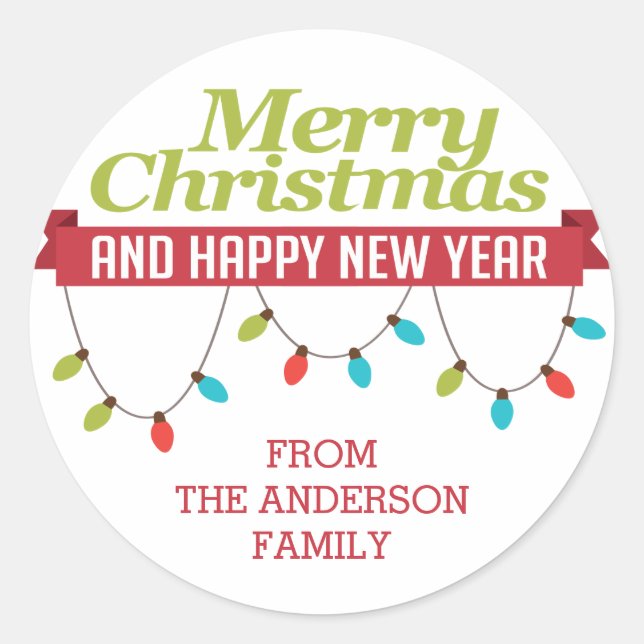 Adesivo Redondo Vinheta das luzes brilhantes de Natal personalizad (Frente)