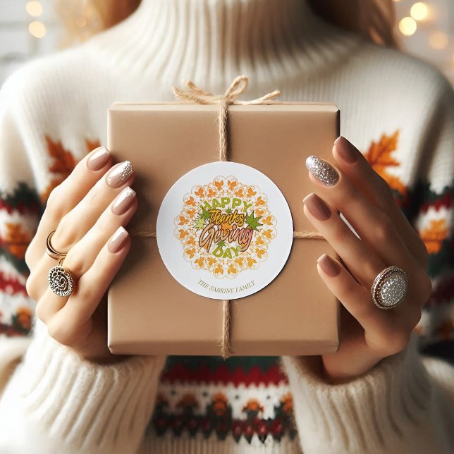 Adesivo Redondo Vinheta de Ação de Graças de Mandala Moderna (Criador carregado)