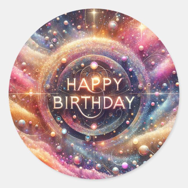 Adesivo Redondo Vinheta de aniversário com tema brilhante (Frente)