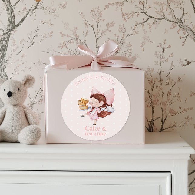 Adesivo Redondo Vinheta de aniversário de Bolo e Chá (Criador carregado)