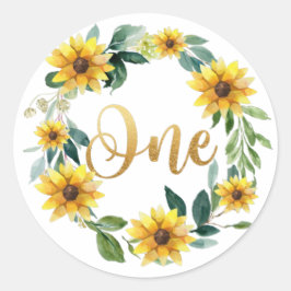 Adesivo Redondo Vinheta de aniversário de girassol, primeira Vinhe