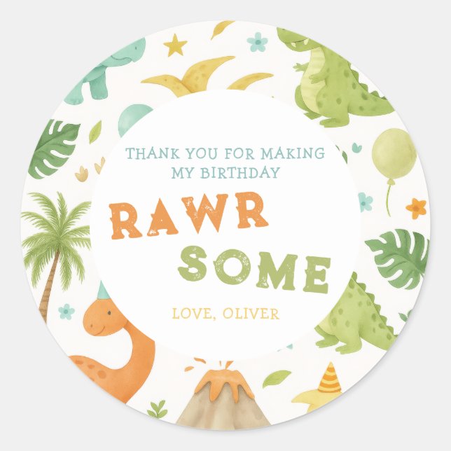 Adesivo Redondo Vinheta de aniversário do Dinossauro Laranja Verde (Frente)