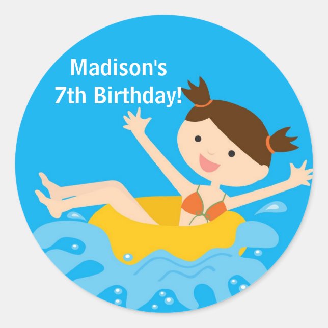 Adesivo Redondo Vinheta de Aniversário do Partido piscina (Frente)
