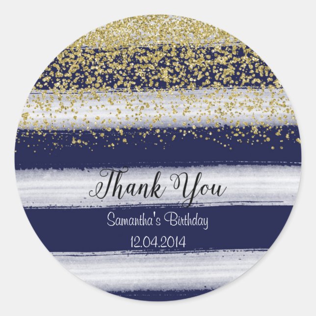 Adesivo Redondo Vinheta de aniversário Dourada e Marinho (Frente)