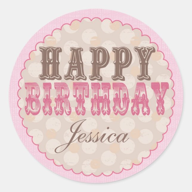 Adesivo Redondo Vinheta de Aniversário Feliz do Urso Teddy - Rosa (Frente)