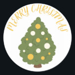 Adesivo Redondo Vinheta de árvore de Natal festiva com "Christm de<br><div class="desc">Espalhe a alegria de férias com este encantador adesivo com uma bela árvore de Natal decorada e a saudação calorosa "Feliz Natal" em letras elegantes. Perfeito para decorar presentes, cartões de natal e artesanatos. Este adesivo captura o espírito festivo e adiciona um toque de magia de férias a qualquer superfície....</div>