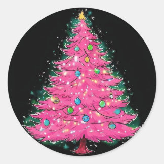 Adesivo Redondo Vinheta de árvore de Natal rosa, Vinheta de Natal