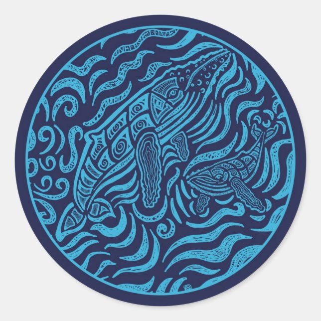 Adesivo Redondo Vinheta de Baleias-jubarte da Família Oceânica (Frente)