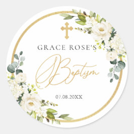 Adesivo Redondo Vinheta de Batismo Cruzado de Rosas Brancas