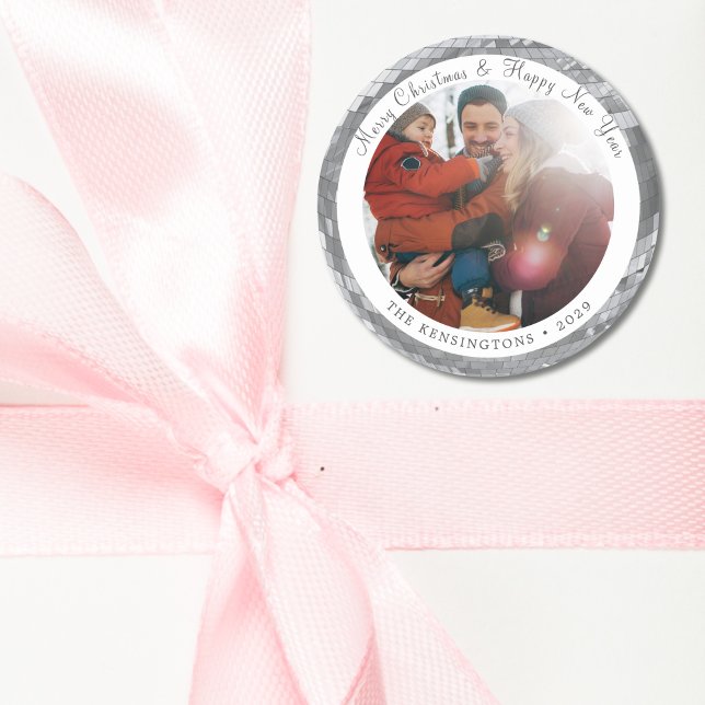 Adesivo Redondo Vinheta de Bola de Disco Fotográfica Personalizada (Custom Family Photo Disco Ball Sticker with Text)