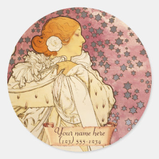 Adesivo Redondo Vinheta de Bookplate de Mucha Art Nouveau