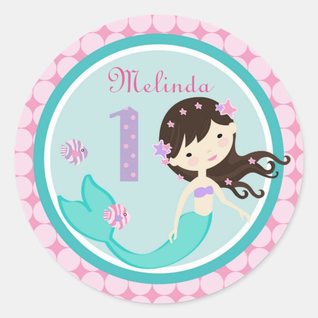 Adesivo Redondo Vinheta de Brunette Mermaid Age 1 Aniversário (Frente)