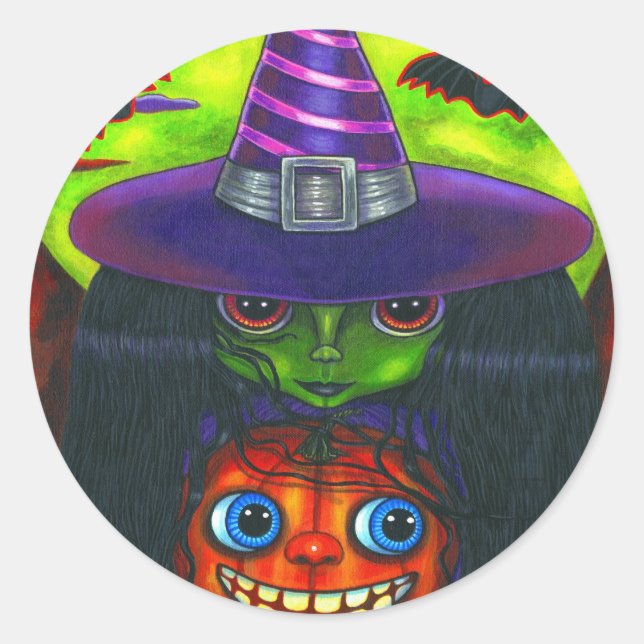 Adesivo Redondo Vinheta de Bruxas de Abóbora Halloween (Frente)