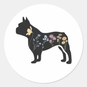 Adesivo Redondo Vinheta de Bulldog Francês de Flor Selvagem