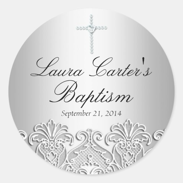 Adesivo Redondo Vinheta de cadarço branco e batismo cruzado (Frente)