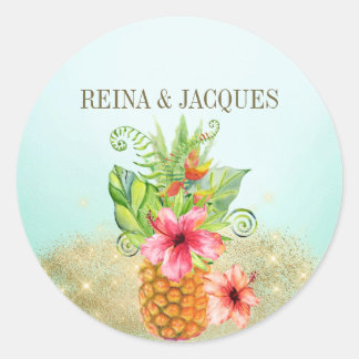 Adesivo Redondo Vinheta de Casal Floral de Abacaxi Tropical