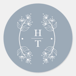 Adesivo Redondo Vinheta de Casamento Azul Dusty Monograma Elegante