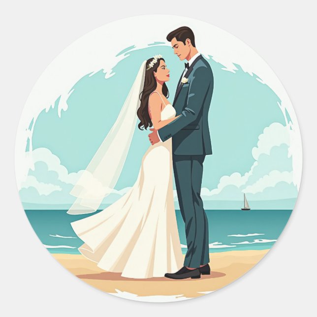 Adesivo Redondo Vinheta de Casamento Bliss Beached (Frente)