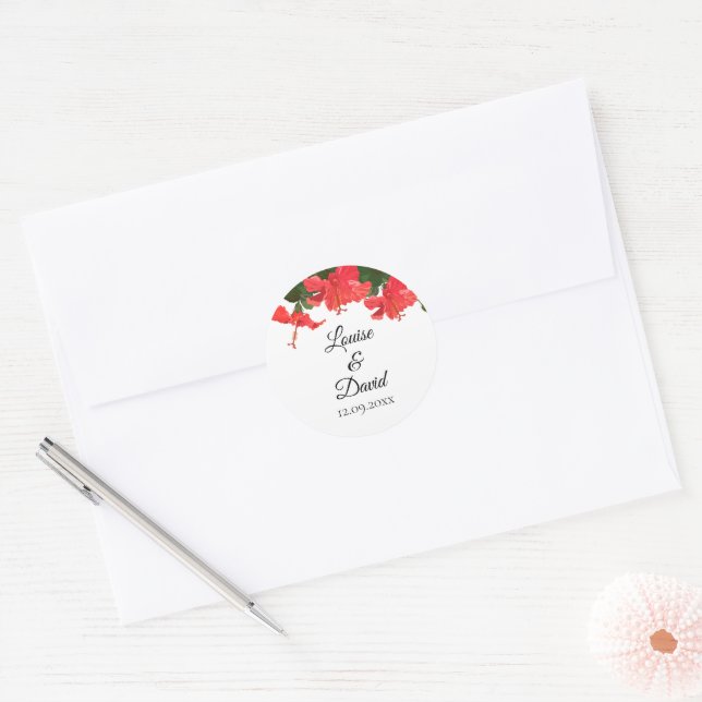 Adesivo Redondo Vinheta de Casamento com Bright Red Hibiscus (Envelope)