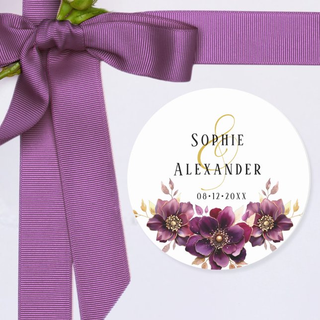 Adesivo Redondo Vinheta de Casamento com Nomes Florais Elegantes (Criador carregado)