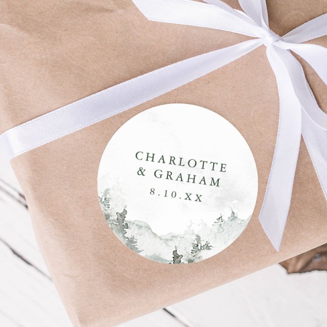 Adesivo Redondo Vinheta de Casamento da Floresta de Aquarela (Green and White Simple Minimalist Watercolor Forest Wedding Sticker
)