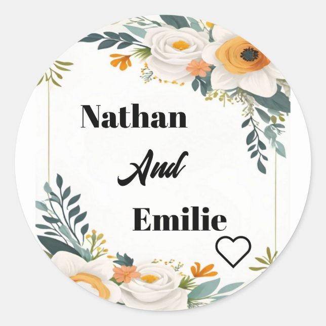 Adesivo Redondo Vinheta de Casamento das Flores Clássicas Elegante (Frente)