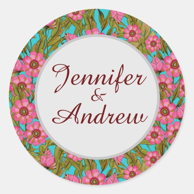 Adesivo Redondo Vinheta de Casamento das Flores Rosa (Frente)