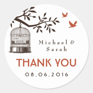 Adesivo Redondo Vinheta de Casamento de Aves de Caiola Branca, Rú