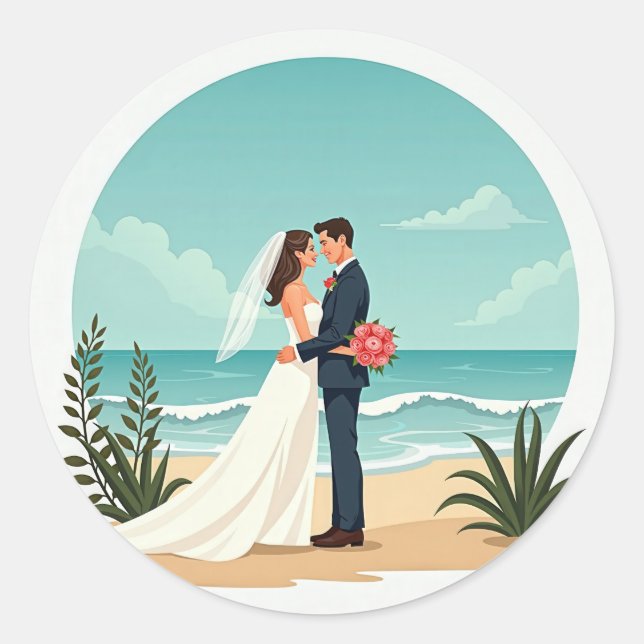 Adesivo Redondo Vinheta de Casamento de Beachside (Frente)