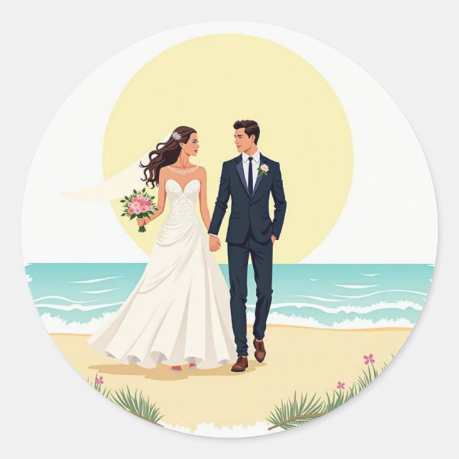 Adesivo Redondo Vinheta de Casamento de Beachside Bliss (Frente)