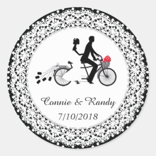 Adesivo Redondo Vinheta de Casamento de Bicicleta de Tandem
