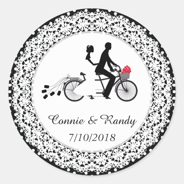 Adesivo Redondo Vinheta de Casamento de Bicicleta de Tandem (Frente)