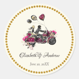 Adesivo Redondo Vinheta de Casamento de Biker de Motocicleta