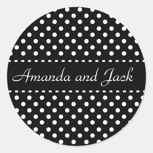 Adesivo Redondo Vinheta de Casamento de Bolinhas Negra e Branca (Frente)