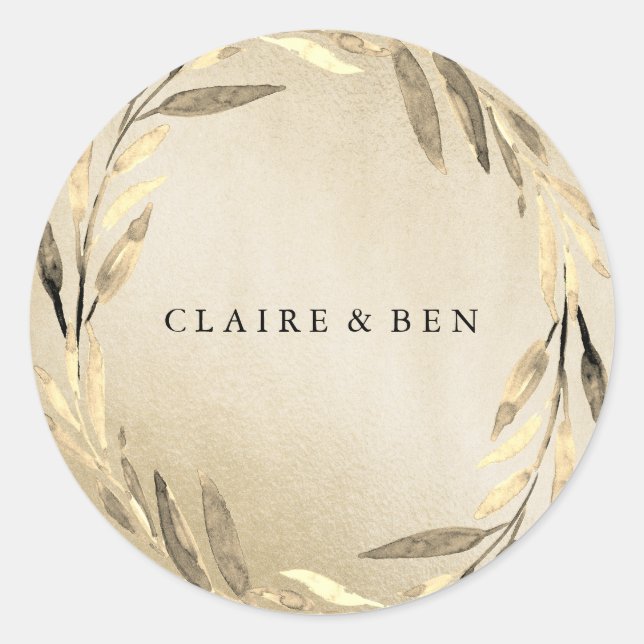 Adesivo Redondo Vinheta de Casamento de Folha de Ouro Moderno (Frente)