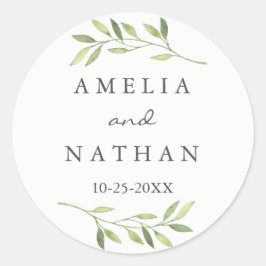 Adesivo Redondo Vinheta de Casamento de Folha Verde de Água