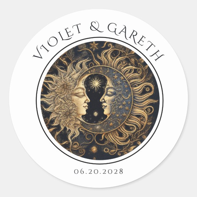 Adesivo Redondo Vinheta de Casamento de Lua Celestial Sun (Frente)