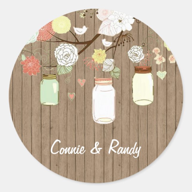 Adesivo Redondo Vinheta de Casamento de Mason Jar Rustic Country (Frente)